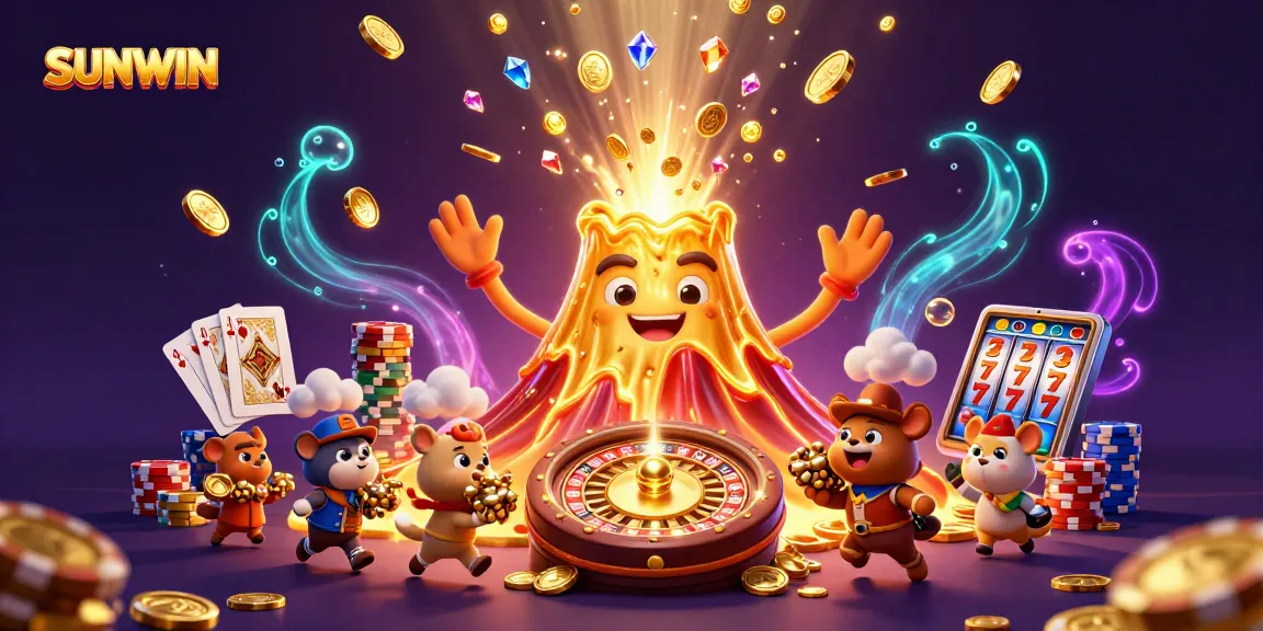 SUNWIN offers a thrilling casino experience with vibrant elements, featuring a golden volcano erupting treasures.