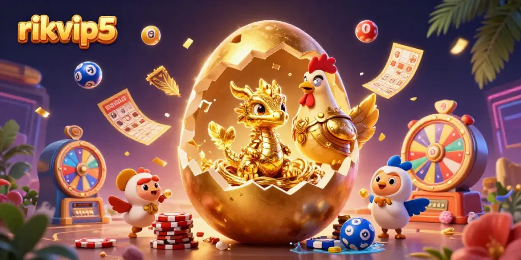 Engage with rikvip5 as a colossal golden egg reveals a golden baby dragon amidst vibrant casino elements.