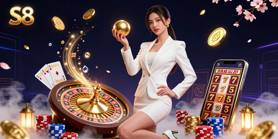 Experience thrilling gaming at S8, featuring a confident woman with a roulette ball in a lively casino scene.