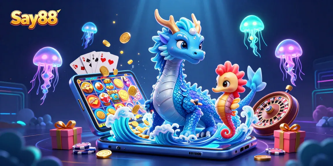 Engage with Say88's vibrant underwater casino world, featuring a dragon, seahorse knight, and glowing jellyfish amidst dynamic gambling elements.