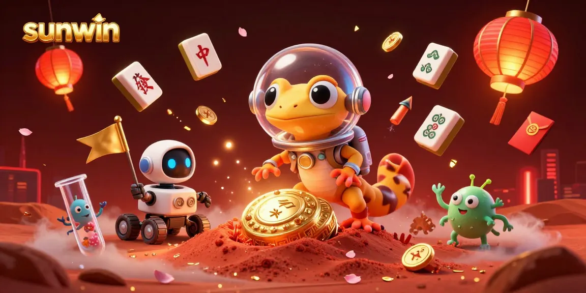 Experience thrilling gameplay with Sunwin in this vibrant 3D casino illustration featuring a Martian gecko and alien elements.