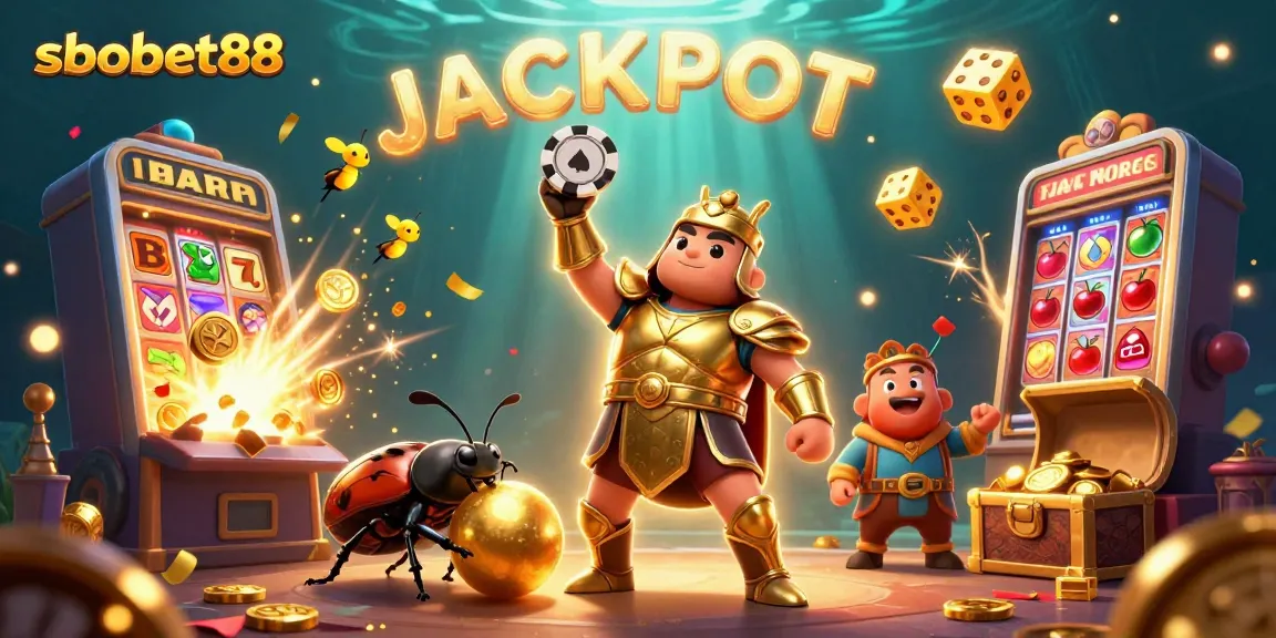 sbobet88 wins big, showcasing an epic scene of a hercules beetle in victory pose amid coins and slot action