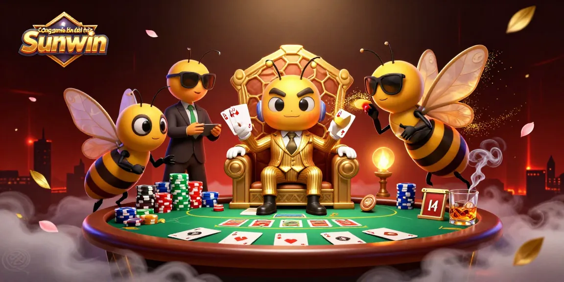 Cổng game bài đổi thưởng Sunwin features an energetic scene with a bumblebee mob boss, wasp bodyguards, and a butterfly informant in a vibrant casino setting.