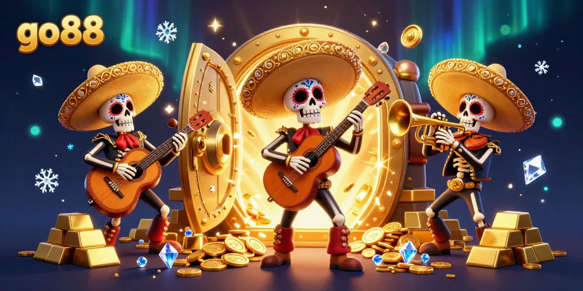 Engage players at go 88 with colorful skeleton mariachi band celebrating over treasures in a dynamic 3D casino scene.
