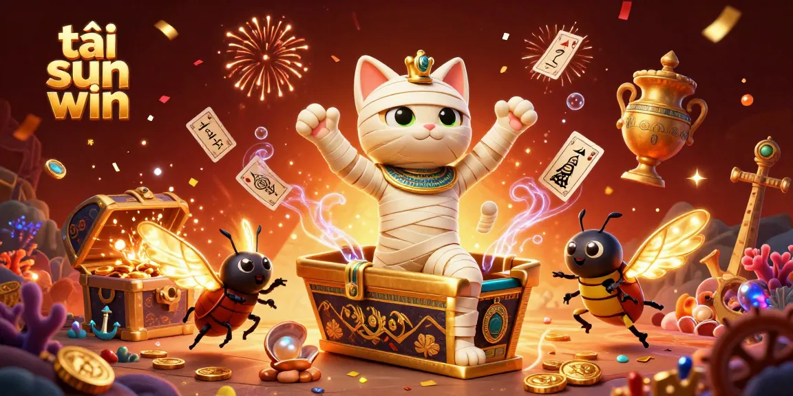 Experience the thrill with tải sun win as a cartoon Egyptian mummy cat engages in exciting casino adventure bursting with gold.